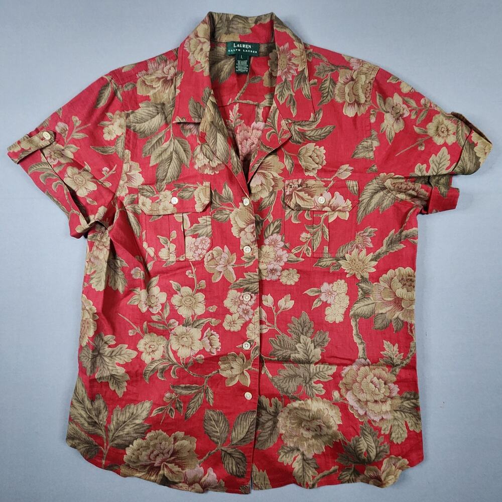 Lauren Ralph Lauren women's Large button up red short sleeve shirt 100% linen